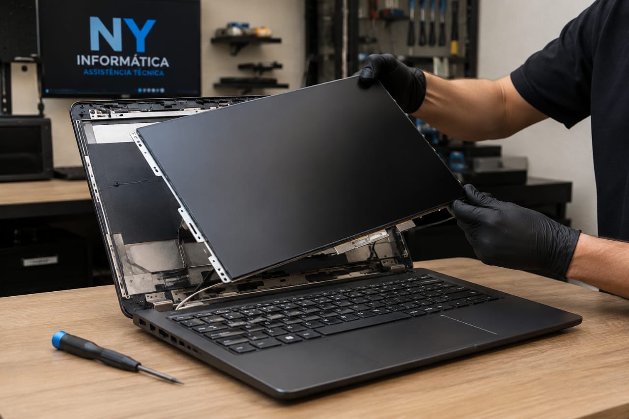 Técnico realizando a substituição de tela quebrada de um laptop sobre bancada antiestática
